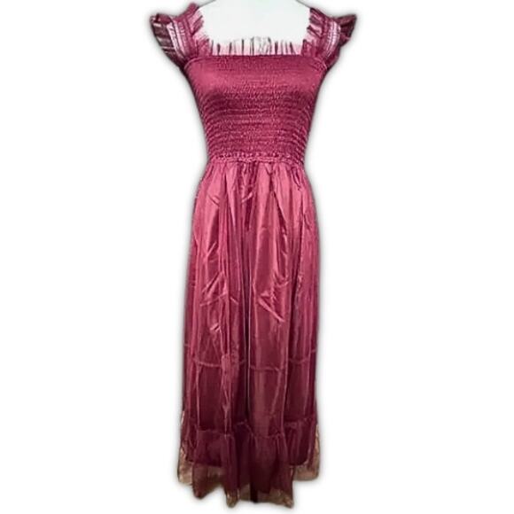 Melloday Maxi Dress-Smocked Bodice-Tiered Sleeveless Chiffon Magenta-Size s NWOT - Picture 2 of 9